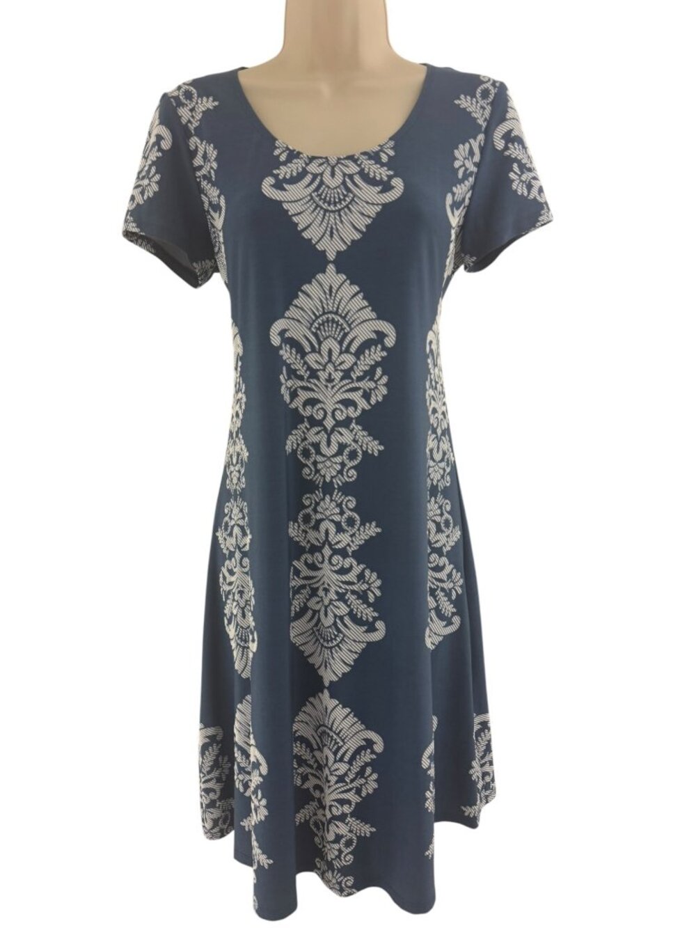 MSK Blue White Damask Print Short Sleeve Dress Size M Summer Stretch Swing